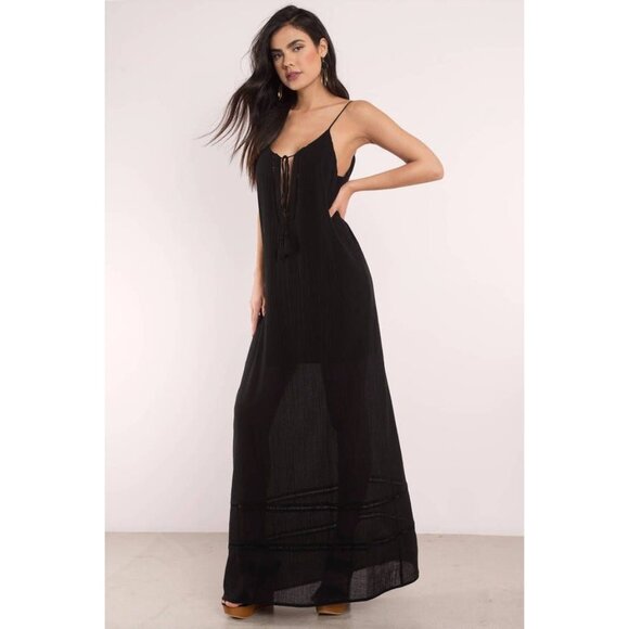 Tobi Black Lace Crochet Trim Gauzy Plunging Strappy Back Casual Boho Maxi Dress - Picture 1 of 16